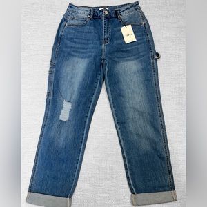 CEROS Jeans High Rise Carpenter Ripped‎ Rolled Cuffs Pockets Med Wash Blue 29
